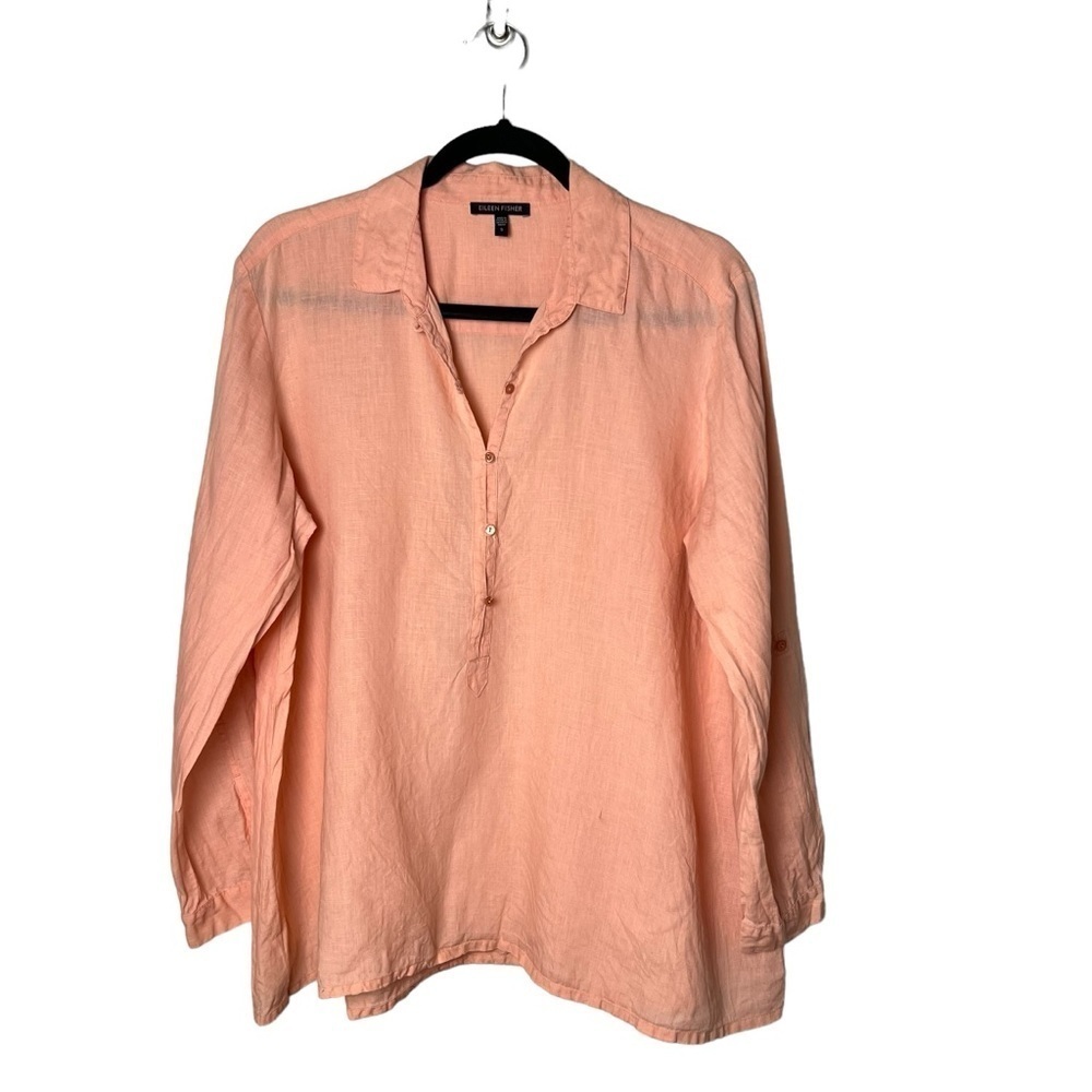 Eileen Fisher Women SZ SMALL Irish Linen Peachy Orange Long Roll Sleeve Blouse